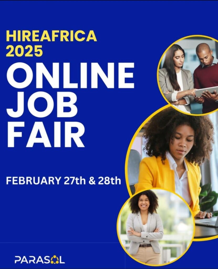 Flyer for The HireAfrica Online Job Fair held by Parasol BPO & remoting.work in February 2025