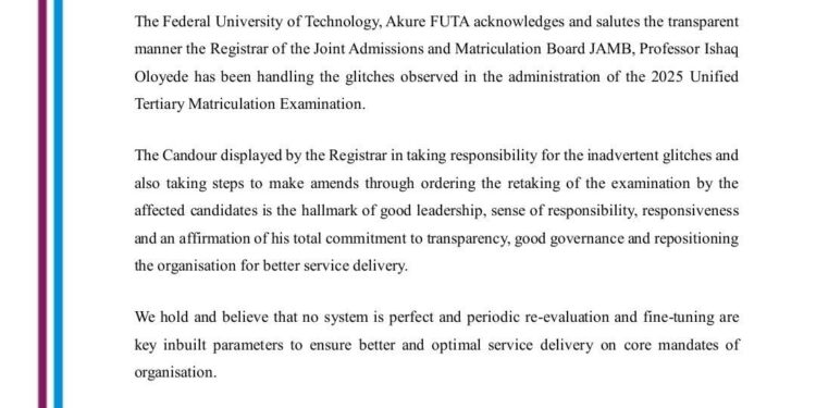 Nigeria: 2025 UTME GLITCHES AND JAMB – FUTA SALUTES  PROFESSOR OLOYEDE’S TRANSPARENCY AND GOOD GOVERNANCE