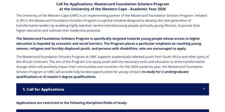 Apply: Bachelors and Masters scholarship at the University of the Western Cape – 2026