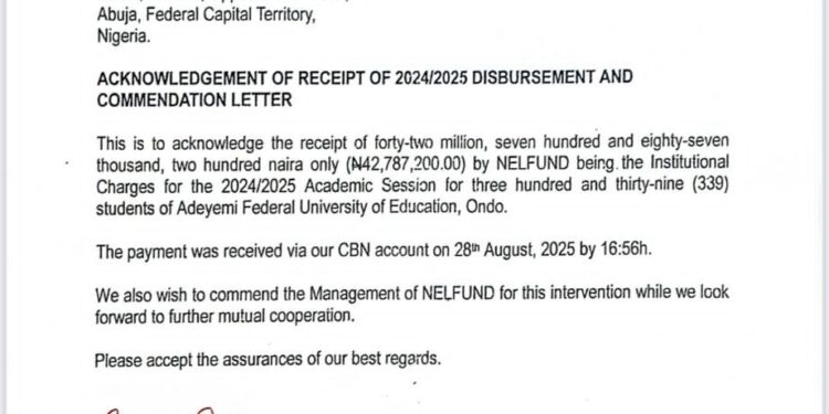 Adeyemi Federal University of Education Acknowledges NELFUND Disbursement for 339 Students
