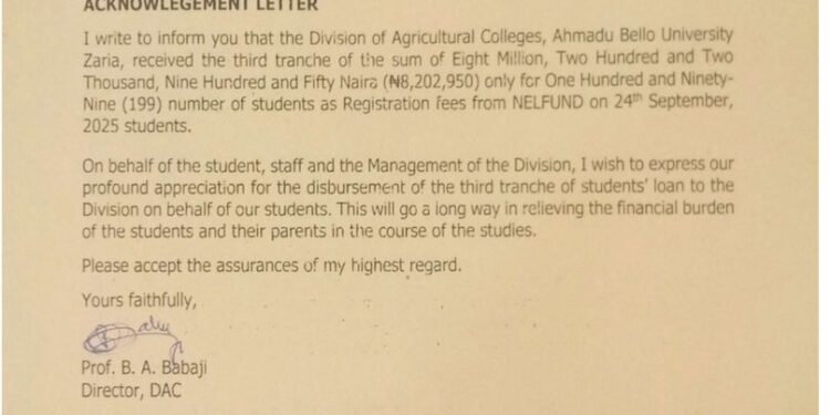 ABU Zaria Acknowledges N8.2m Disbursement from NELFUND for Students’ Fees