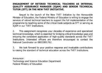Renewed Hope: Tinubu Administration to Engage Retired Teachers for TVET Initiative
