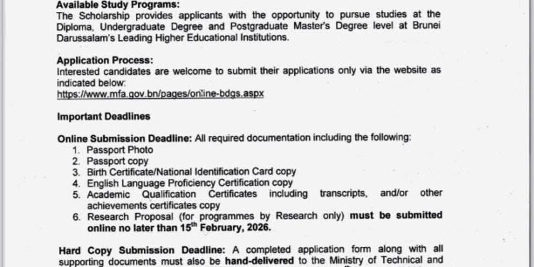 Announcement of Government of BRUNEI DARUSSALAM Scholarship (2026/2027 Academic Year)