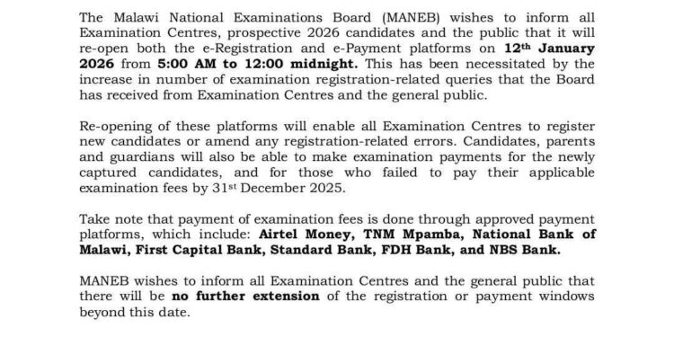 Breaking: Malawi National Examinations Board Reopens 2026 Examination Registration, Payment Platforms