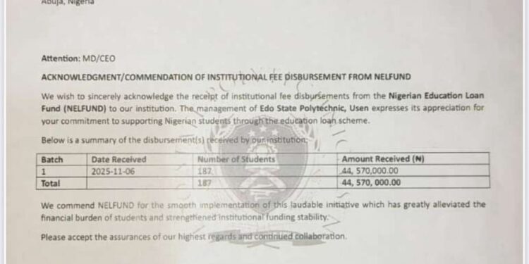Edo Poly Usen Receives ₦44.57m NELFUND Disbursement for 187 Students