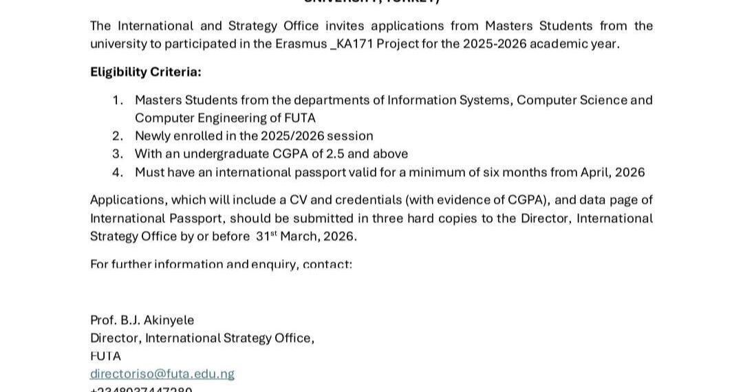 OPEN CALL FOR APPLICATIONS : ERASMUS+ KA171 PROJECT (2025/2026 Academic Session)