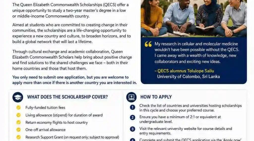 Apply:Queen Elizabeth Commonwealth Scholarships 2026 are NOW OPEN.