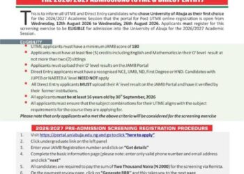 2026/2027 POST-UTME SCREENING EXERCISE Minimum Cut Off Mark is 180