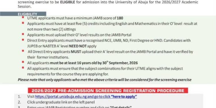 2026/2027 POST-UTME SCREENING EXERCISE Minimum Cut Off Mark is 180