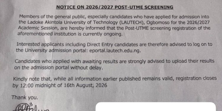 LAUTECH Extends 2026/2027 Post-UTME Registration, Sets August 16 Deadline